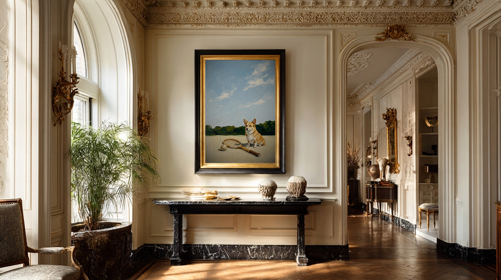 Luxurious interior with a framed painting of a dog on a wall, ornate moldings, and a long hallway.