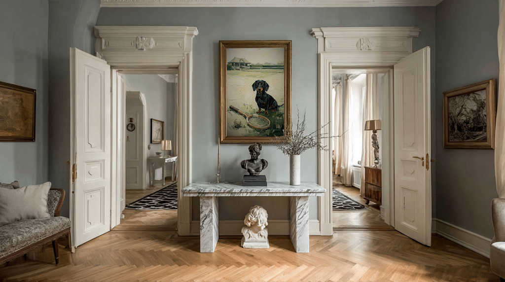 Grand hallway with marble console table, framed artwork, and open doors leading to other rooms.