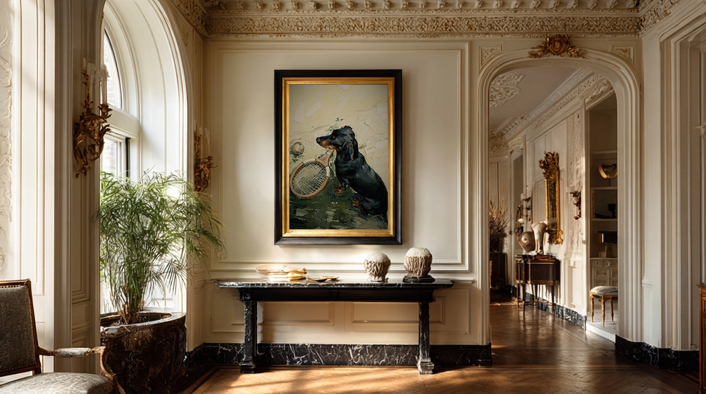 Elegant interior with a painting of a dog on a wall, a console table, and decorative elements.