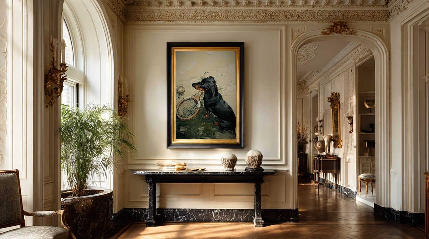 Elegant interior with a painting of a dog on a wall, a console table, and decorative elements.