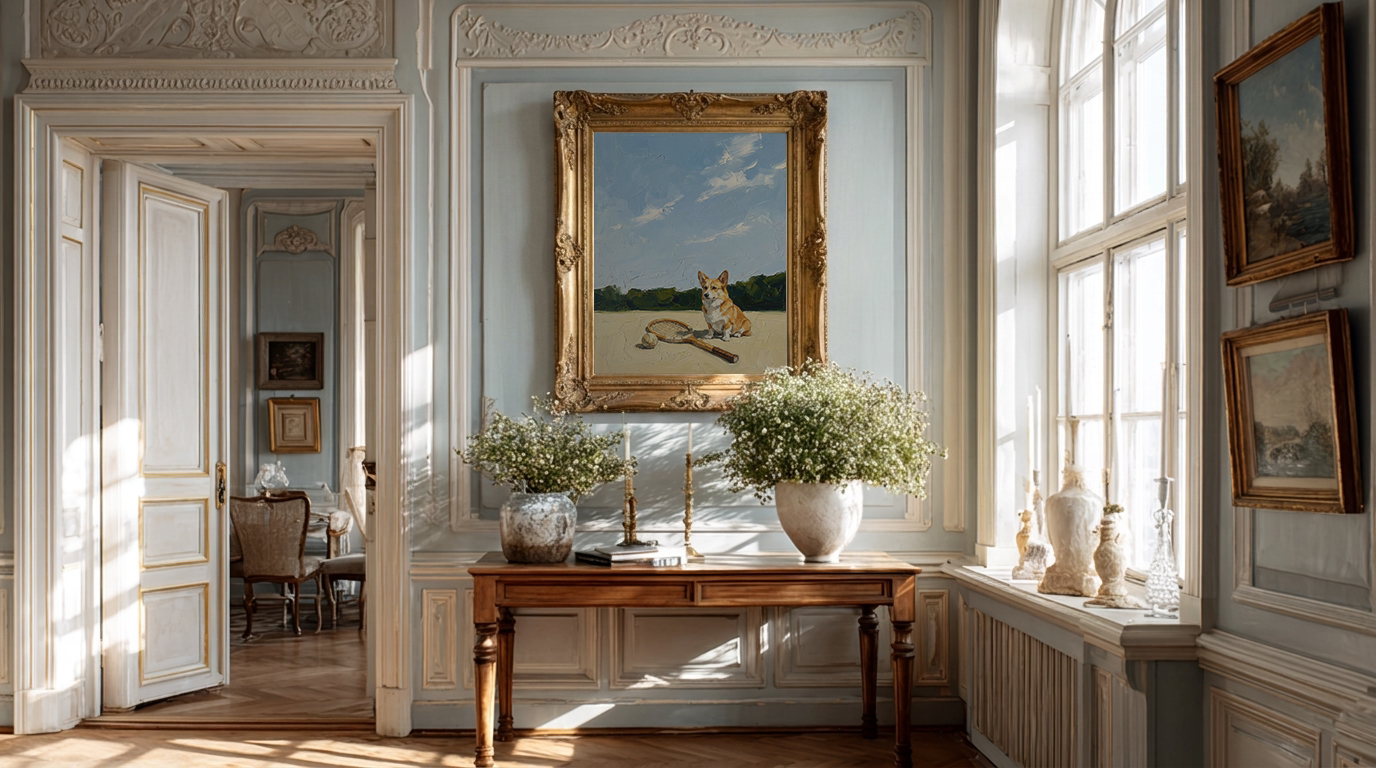 Elegant interior with a large mirror, framed painting, and decorative items.
