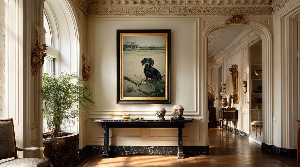 Luxurious interior with a painting of a dog on a wall in a grand room.