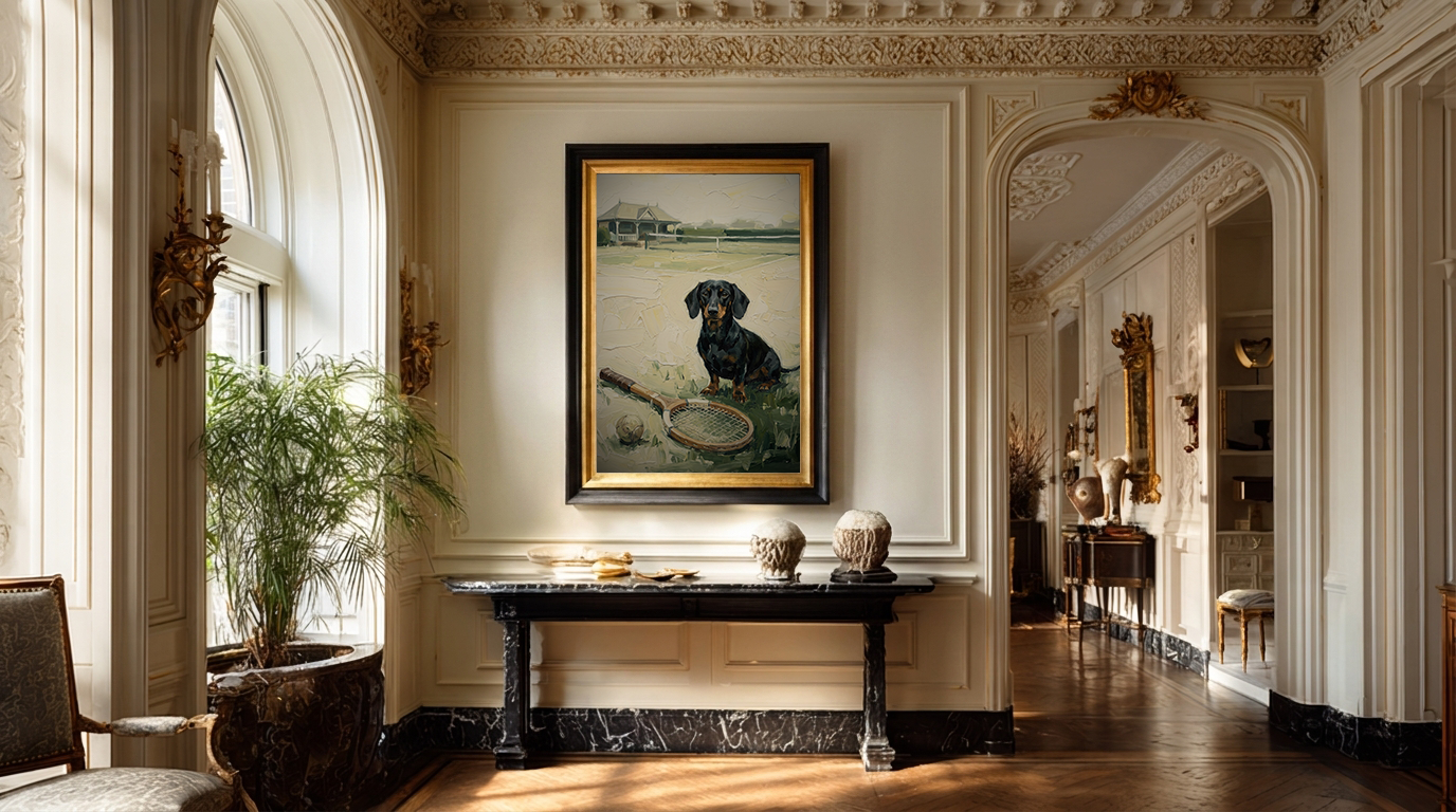 Luxurious interior with a painting of a dog on a wall in a grand room.