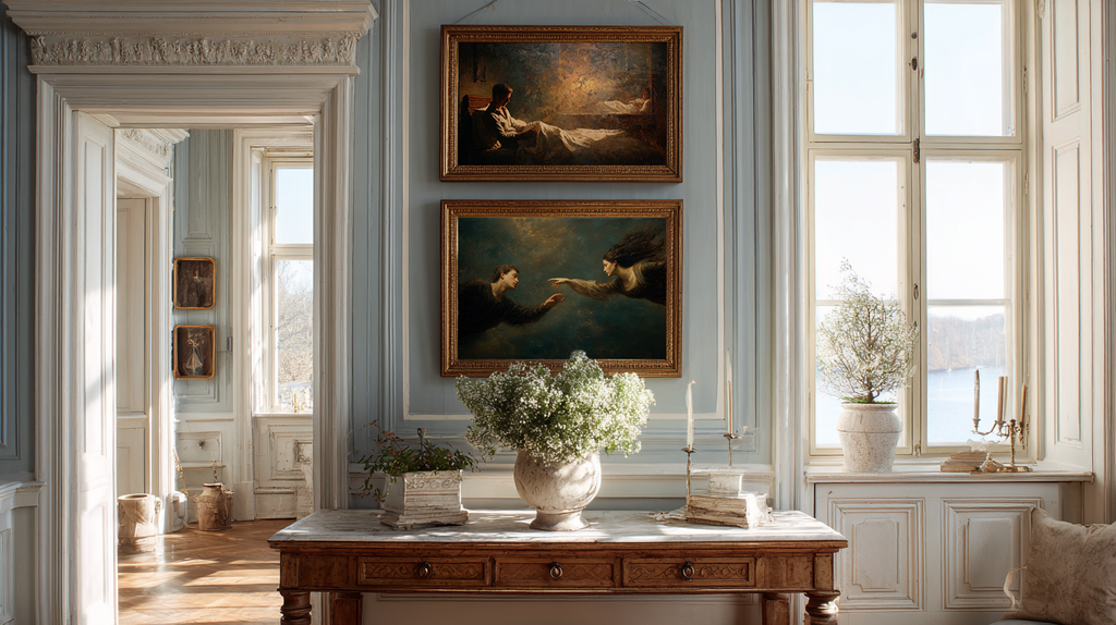 romantic oil style figurative painting showing a man in lamplight and a woman in shadow, cinematic artwork exploring loneliness, emotional distance and modern relationships