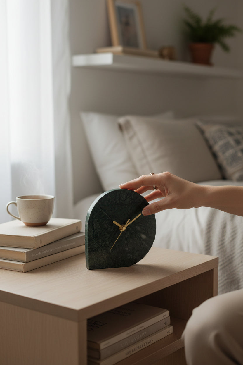 Person adjusting a marble clock on a wooden surface with books and a cup in the background.
