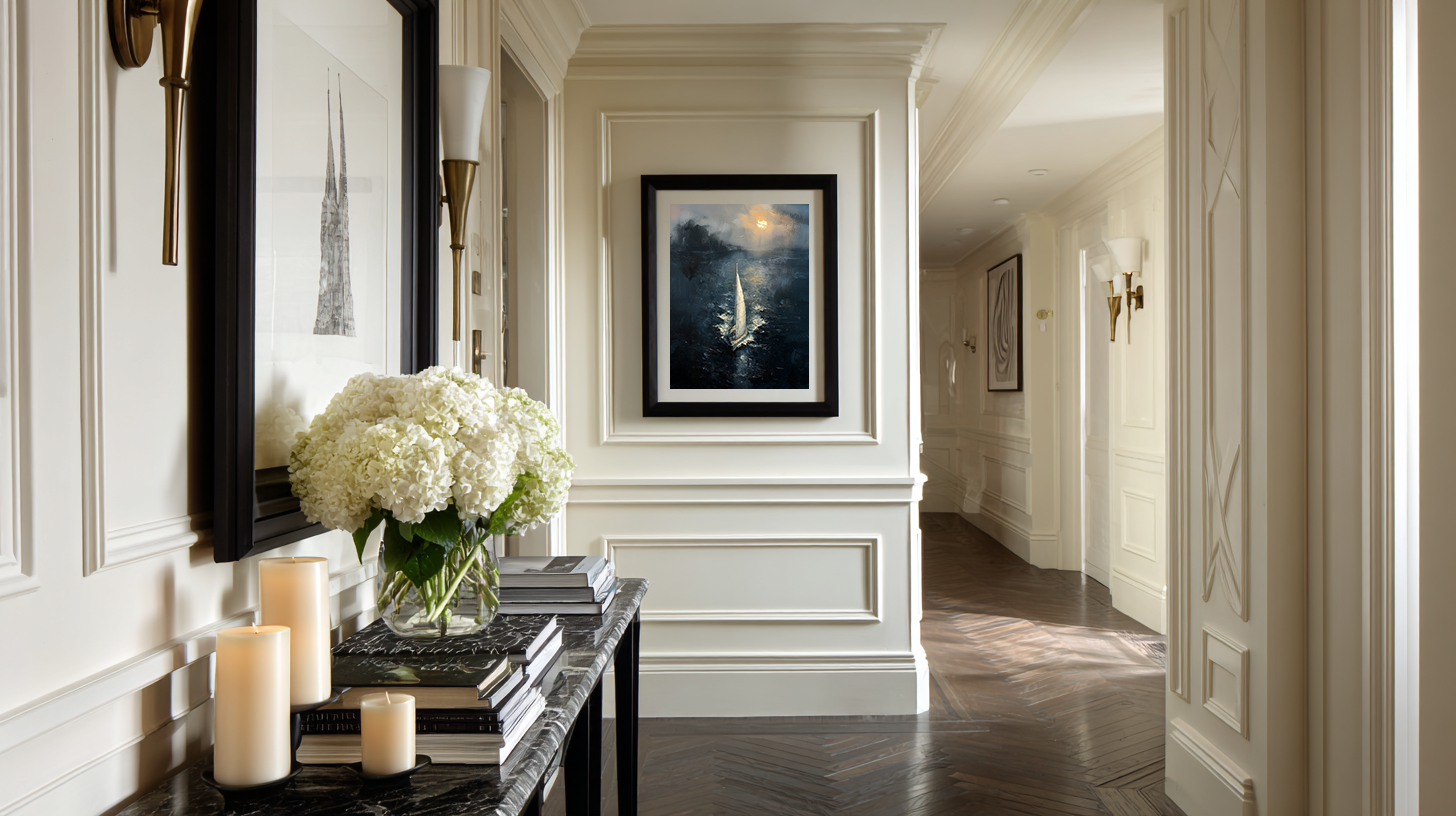 Framed sailboat artwork above a wooden console table in a modern interior