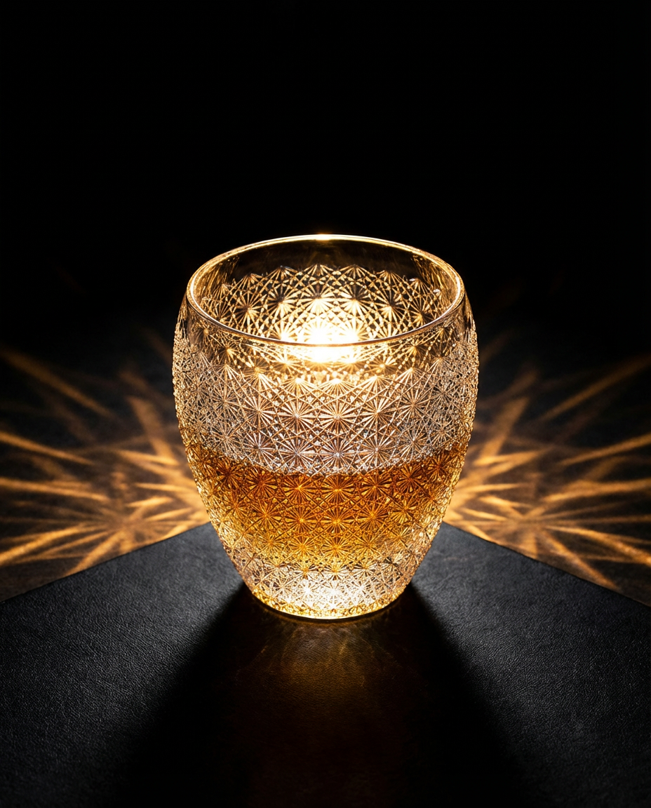 Decorative glass with intricate patterns containing a warm liquid on a dark background