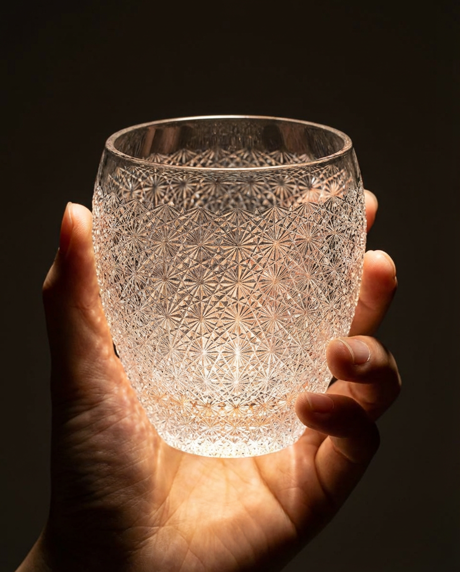 Hand holding a textured glass against a dark background