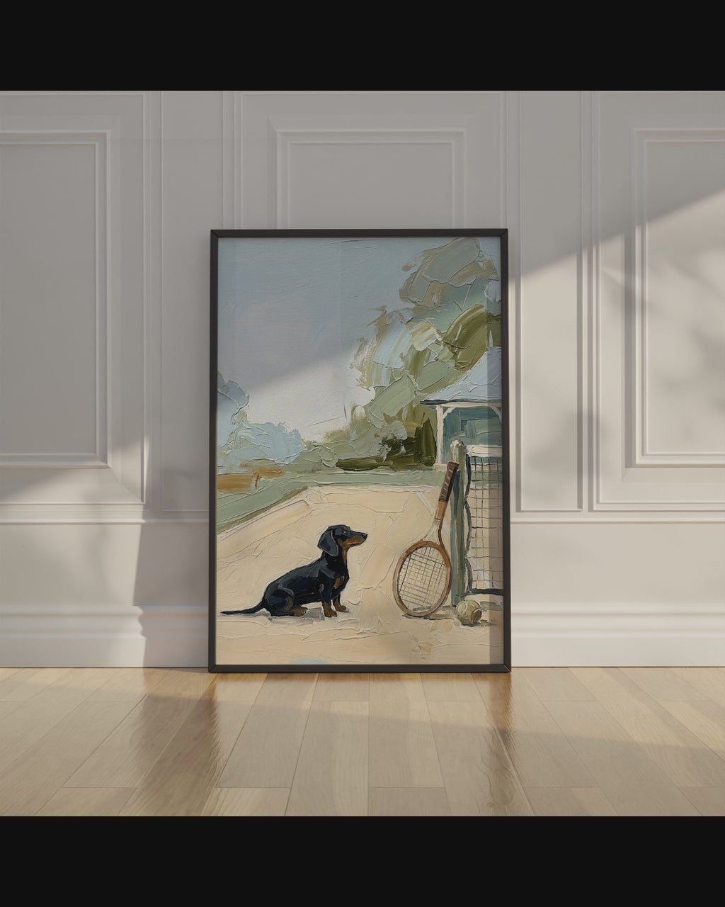 Impressionist fine art print of a black dachshund sitting beside a vintage wooden tennis racket leaning against a tennis net on a quiet outdoor court.