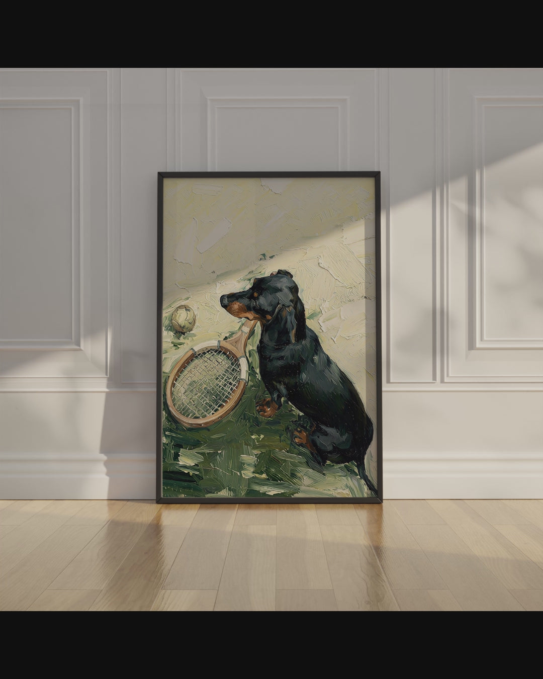 Impressionist fine art print of a black dachshund sitting beside a vintage wooden tennis racket and tennis ball, painted in expressive textured brushstrokes.
