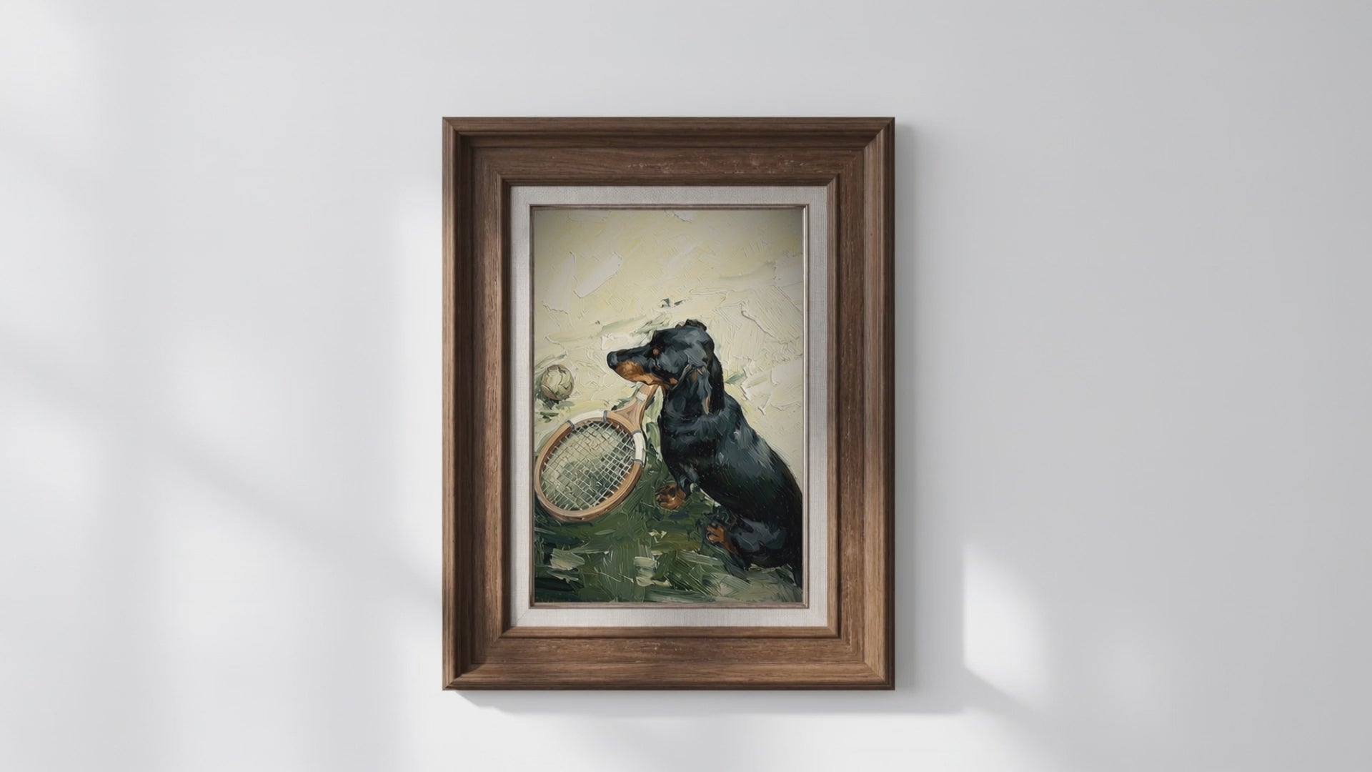 Impressionist fine art print of a black dachshund sitting beside a vintage wooden tennis racket and tennis ball, painted in expressive textured brushstrokes.