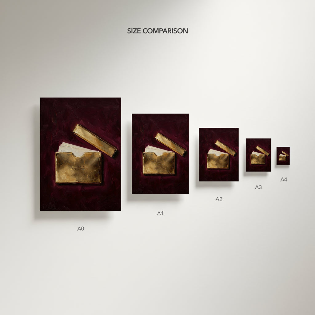 Size comparison chart of gold-framed artworks on a plain background