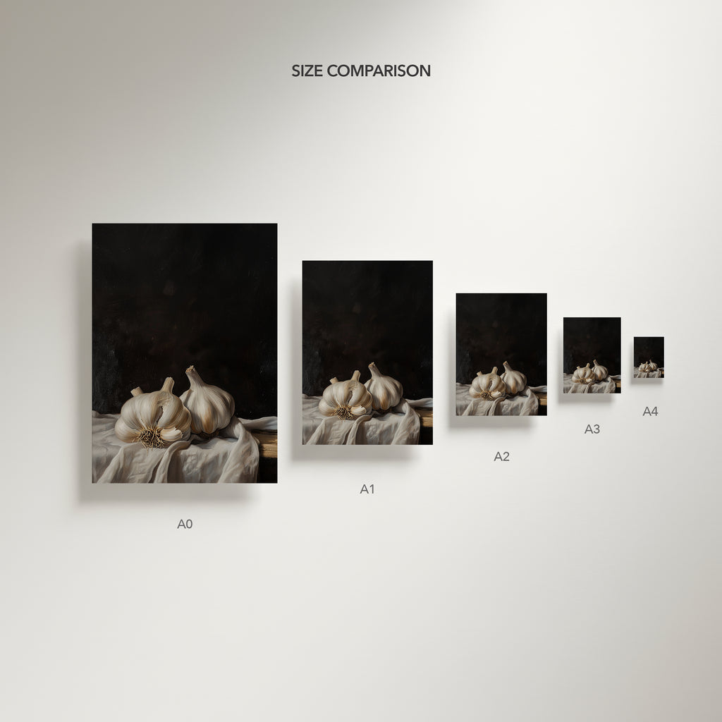 Size comparison chart of different canvas prints with garlic on a table.