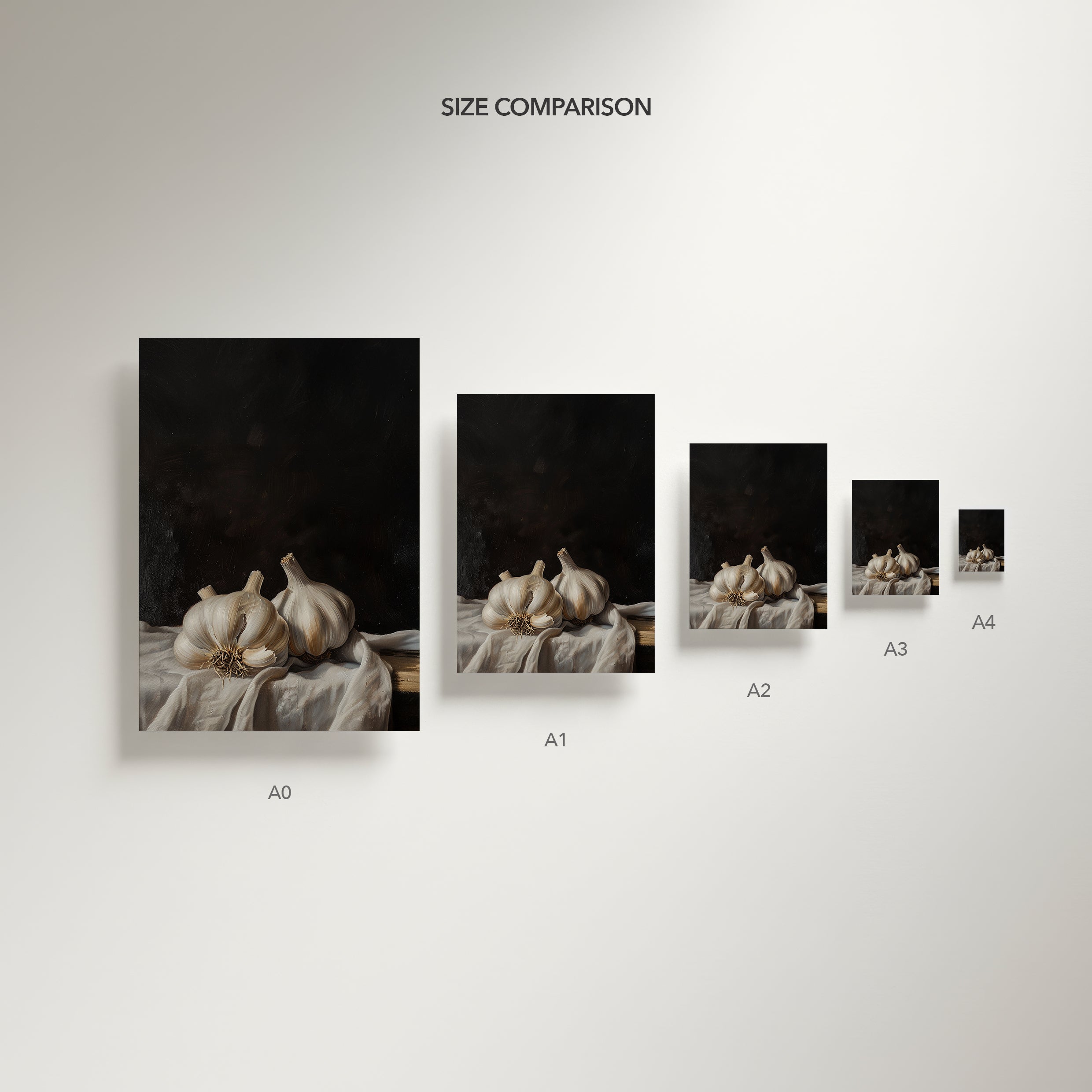 Size comparison chart of different canvas prints with garlic on a table.