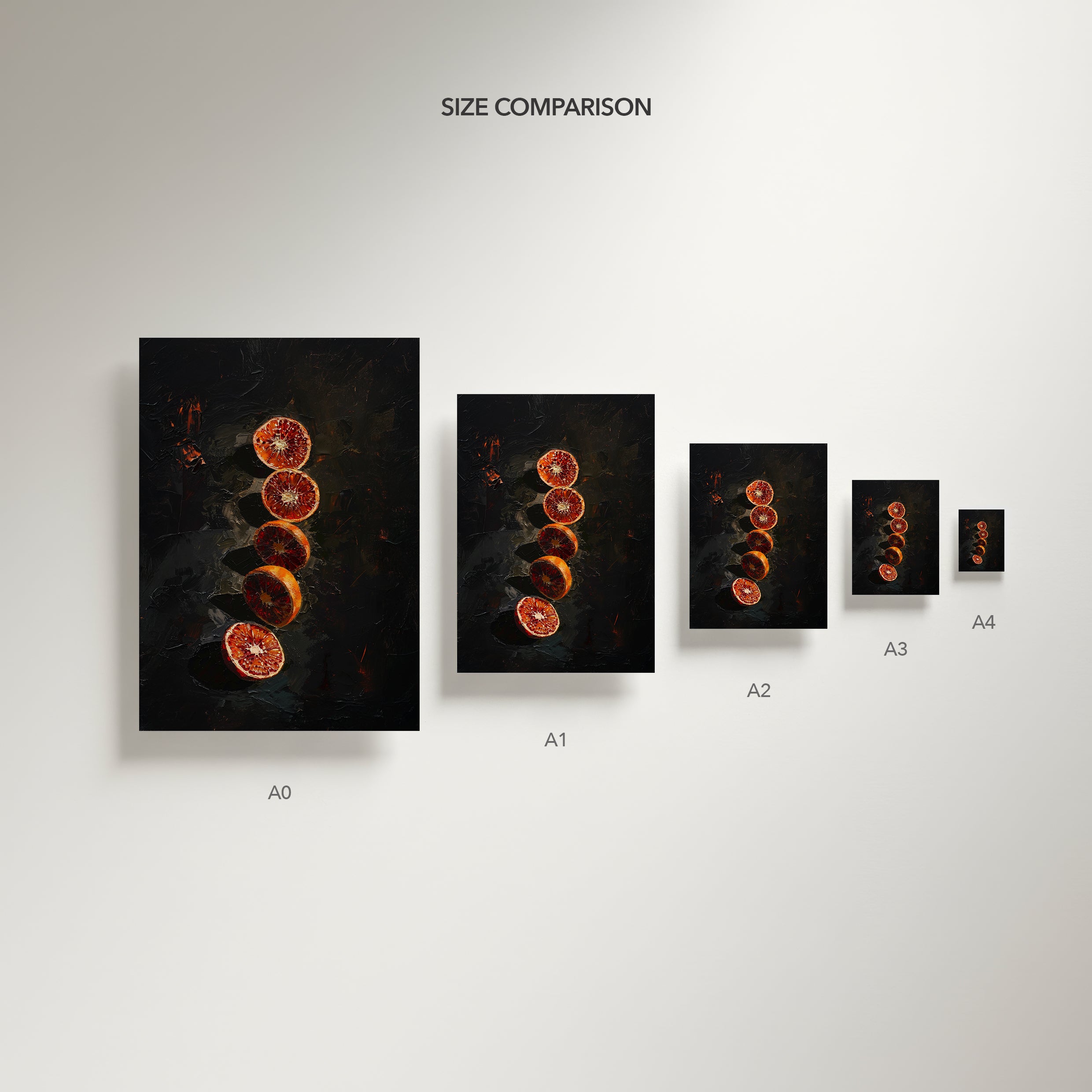 Size comparison chart of framed artwork on a plain wall.