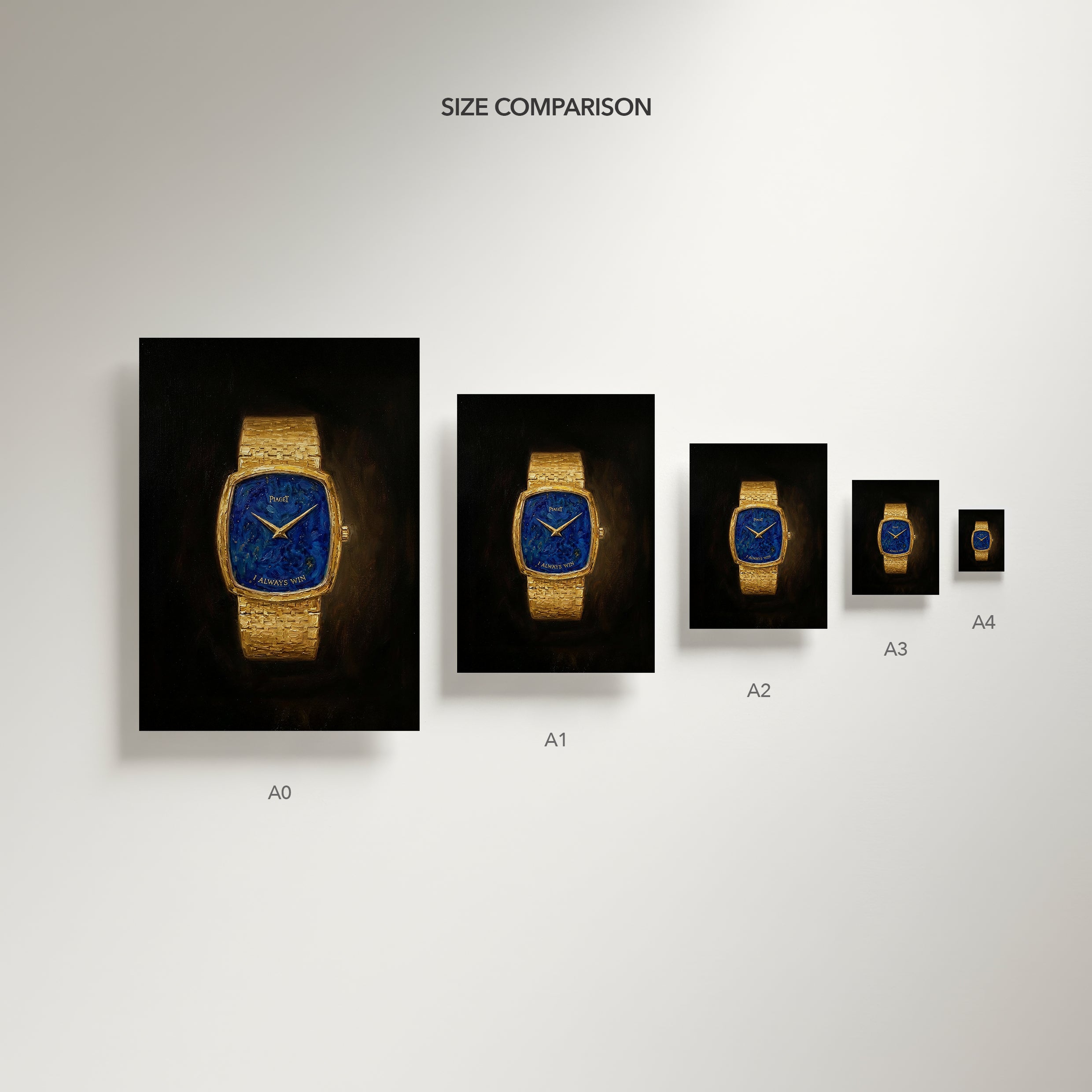 Size comparison chart of a gold and blue watch on a gray background