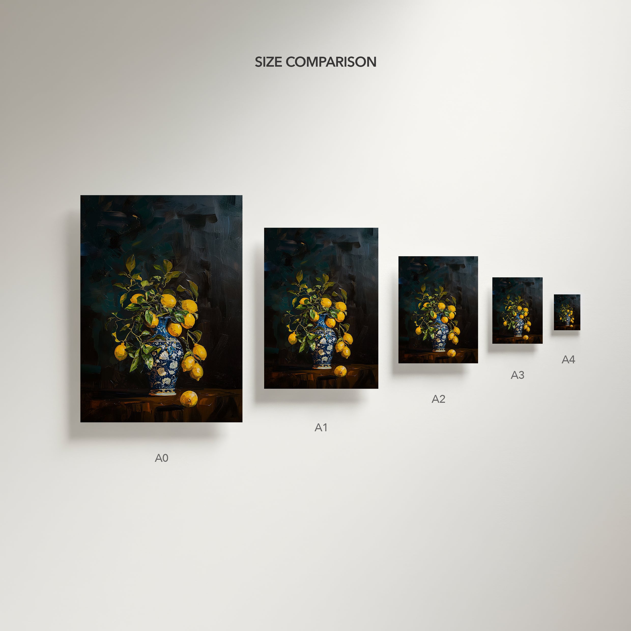 Size comparison chart of framed artworks on a plain wall.