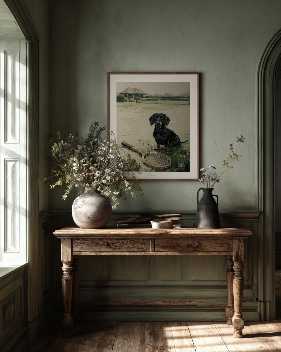 Nostalgic interior with a wooden console table, decorative items, and a framed picture of a dog on a wall.