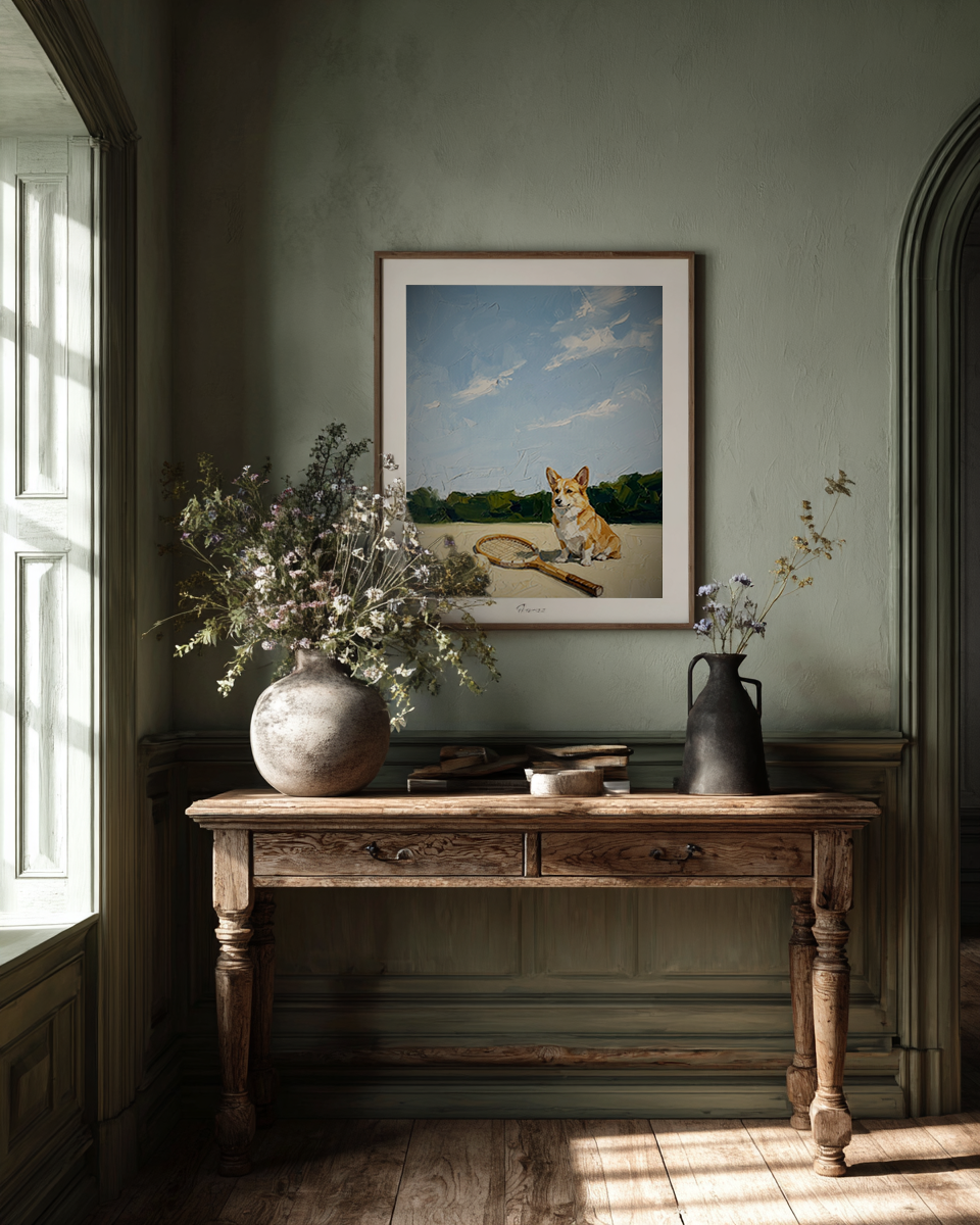 Nostalgic interior with wooden console table, framed picture of a dog, and decorative items.