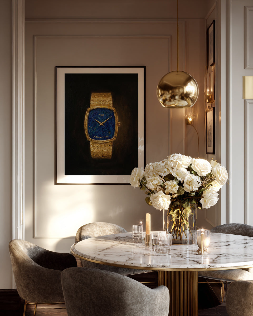 Elegant interior with a marble table, chairs, and a framed picture of a watch on the wall.