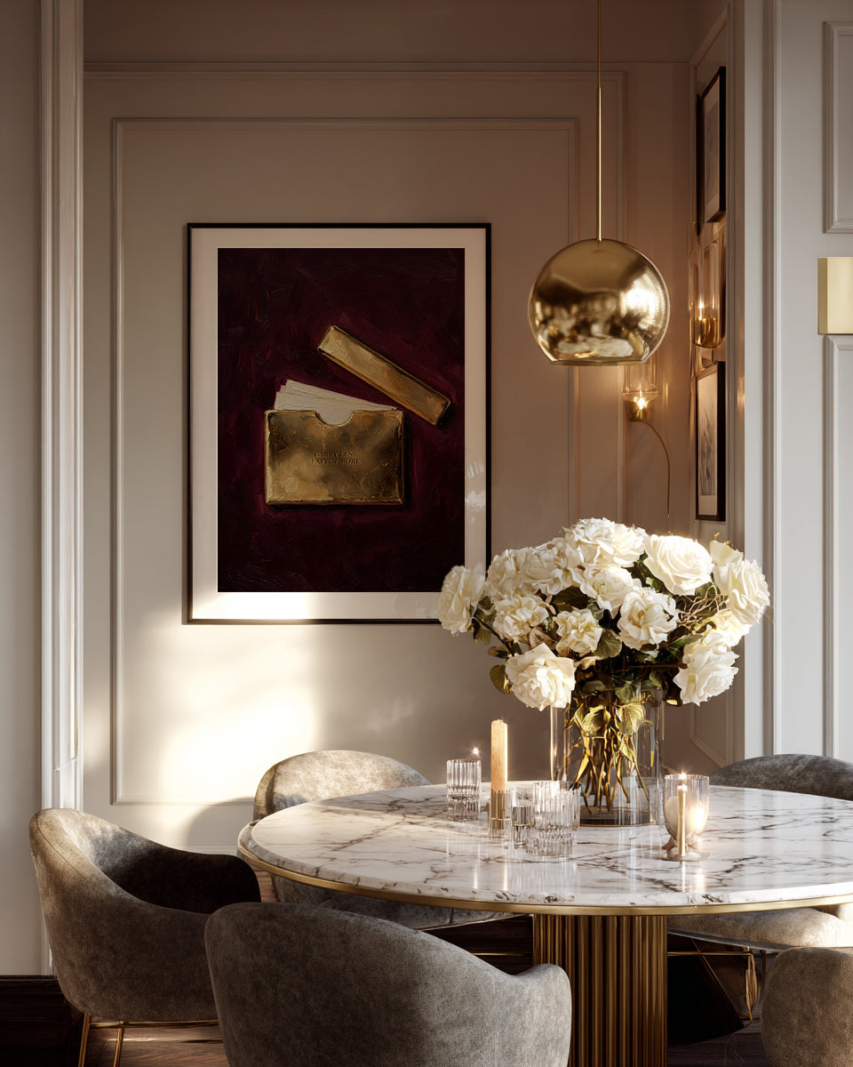 Elegant dining room with marble table, white flowers, and framed artwork.