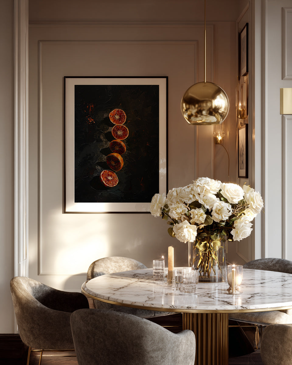 Modern dining room with marble table, chairs, and decorative wall art.