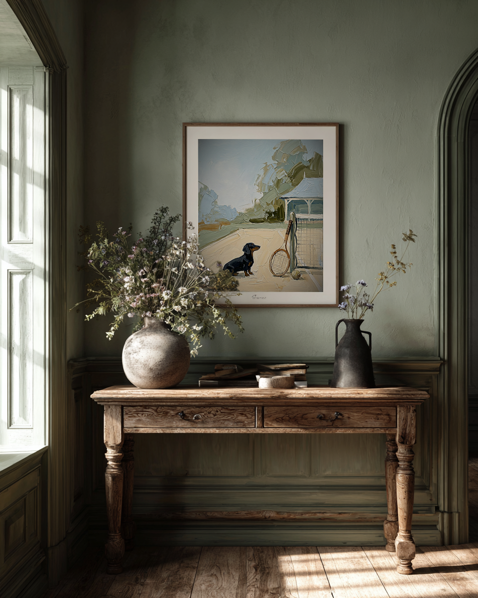 Nostalgic interior with wooden console table, decorative items, and framed artwork on a green wall.
