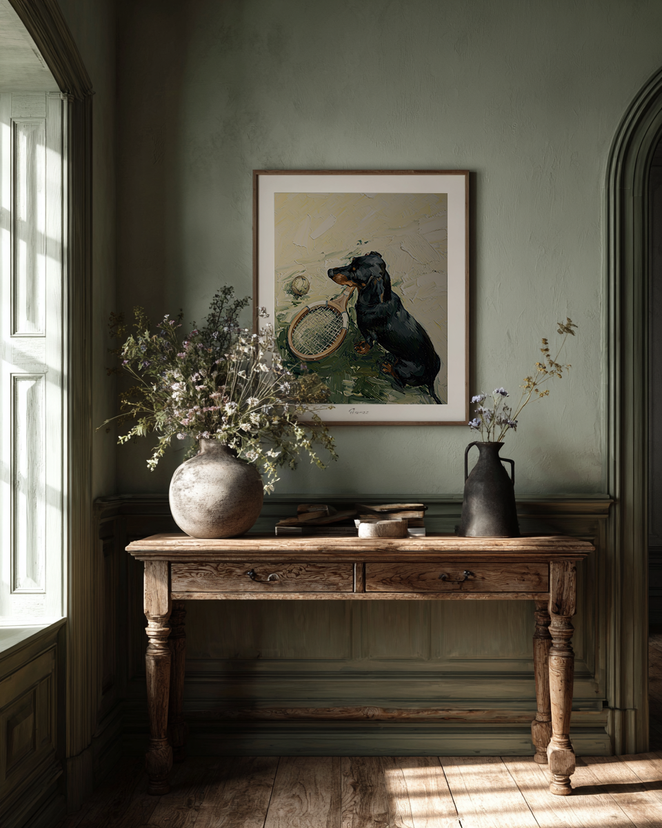 Vintage interior with wooden console table, decorative items, and framed artwork on a green wall.