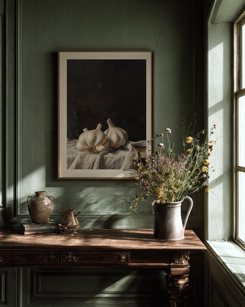 Decorative interior with framed artwork, vases, and a window.