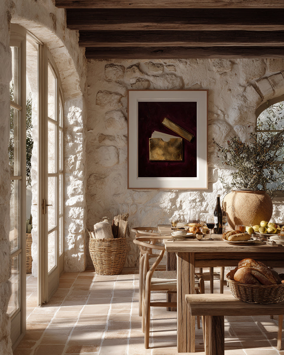 Dining room with stone walls, wooden table, and natural light