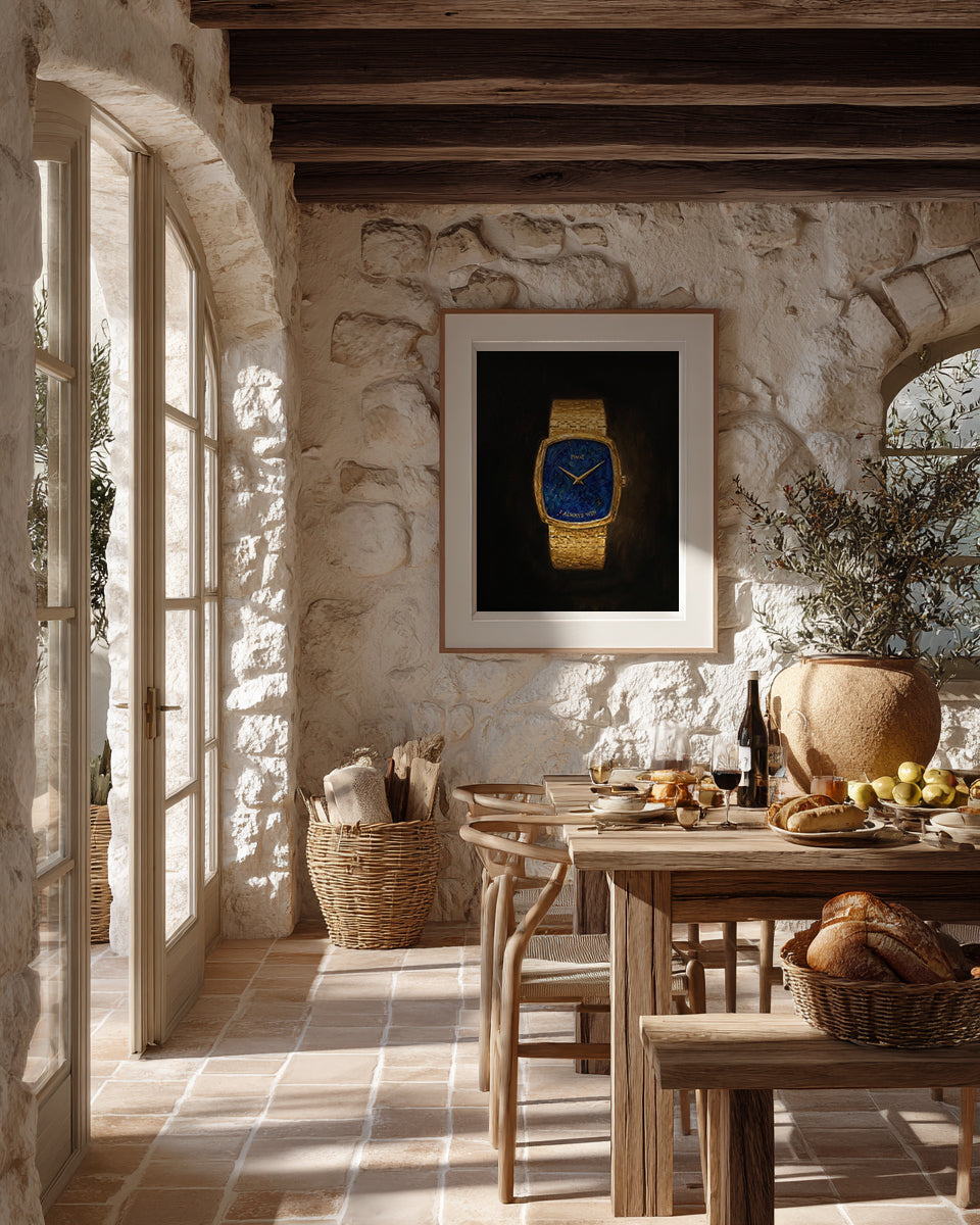 Dining room with stone walls, wooden table, and framed watch on the wall.