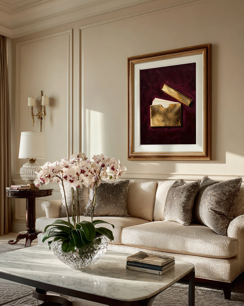 Living room with beige sofa, marble coffee table, and wall art