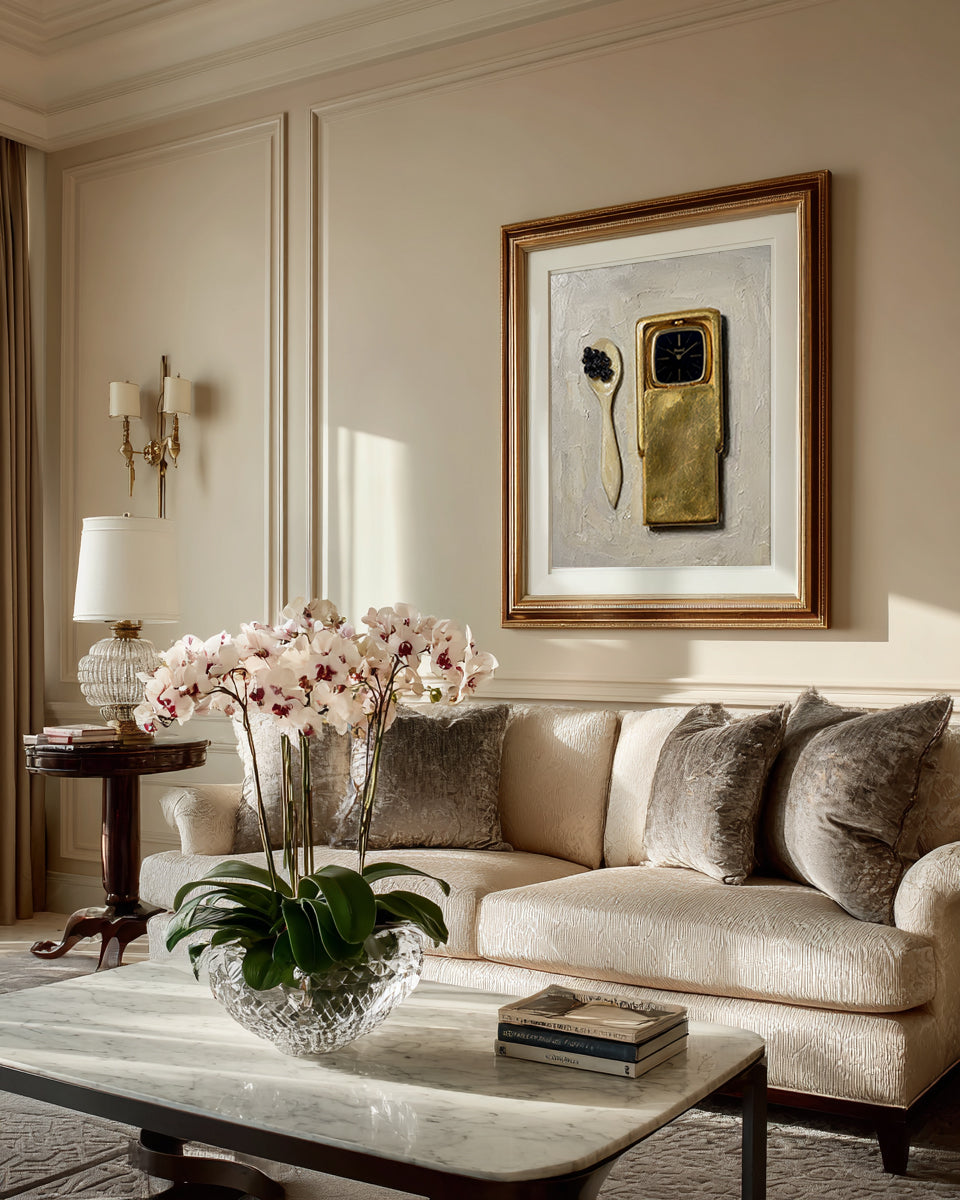 Living room with a beige sofa, marble coffee table, and wall art.