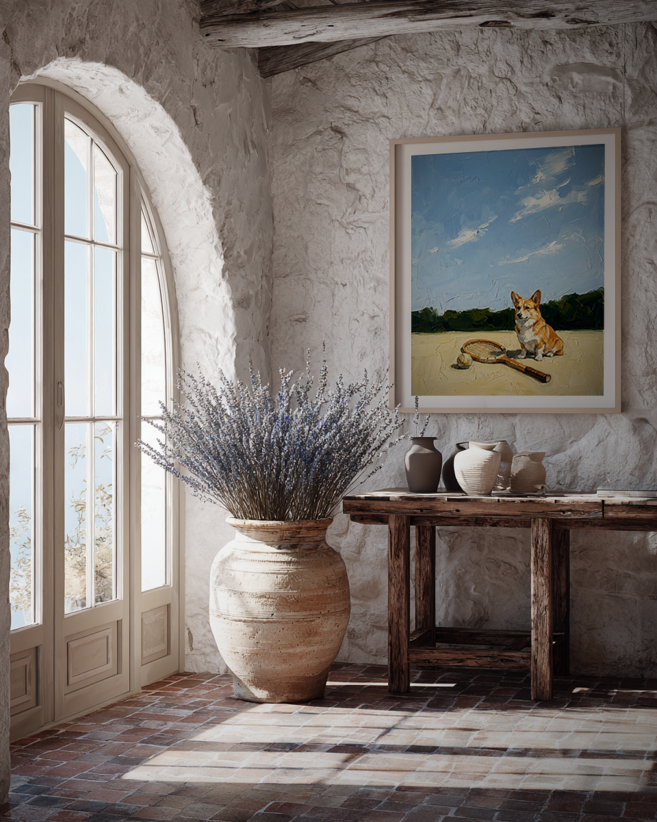 Room interior with large vase of lavender, wooden table, and framed picture of a dog.
