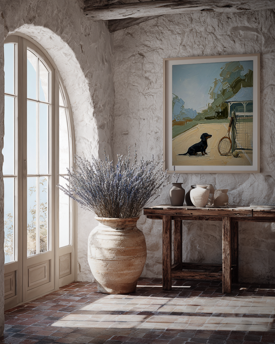 Room with stone walls, large vase with lavender, wooden table, and framed artwork.