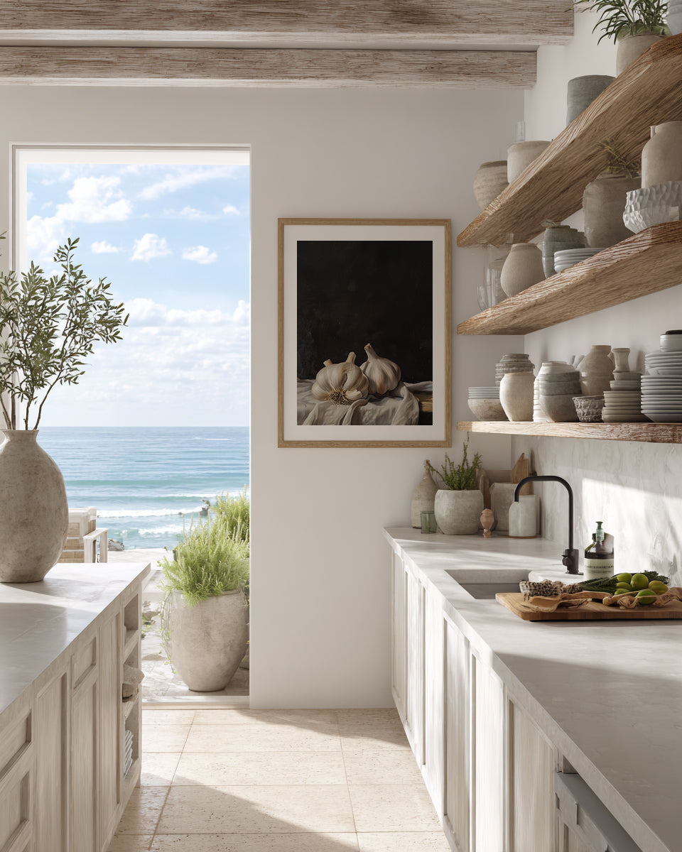 Modern kitchen with ocean view through a large window