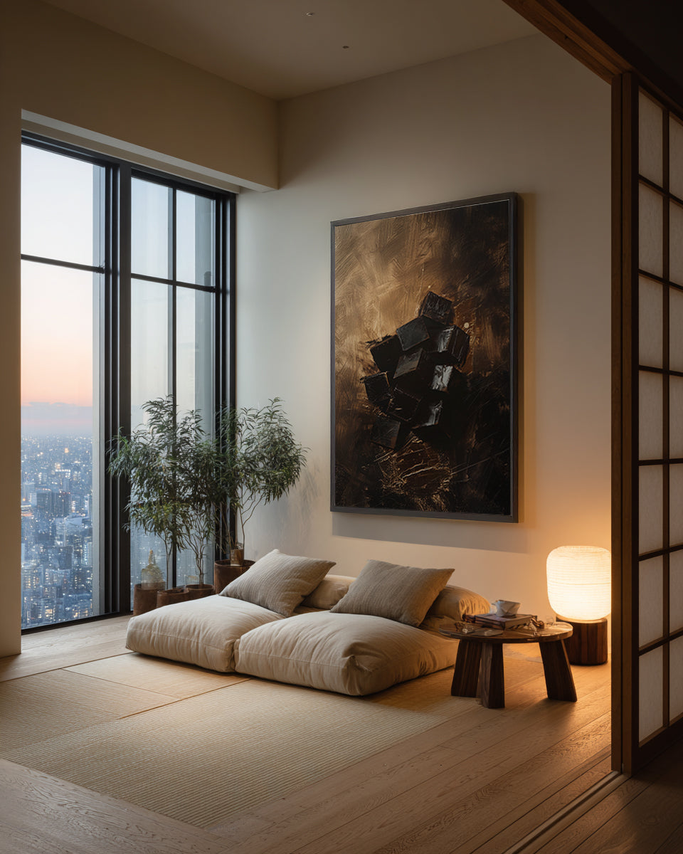 Modern room with large windows, a sofa, and a wall painting.