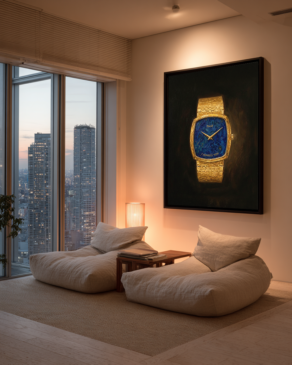 Modern living room with a large window view, bean bag chairs, and a framed picture of a gold watch.