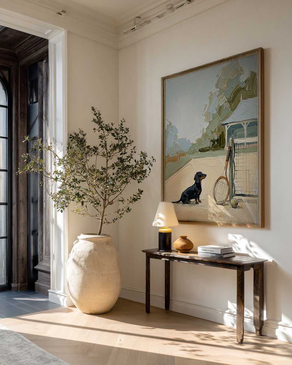 Living room with a vase, lamp, and painting on the wall