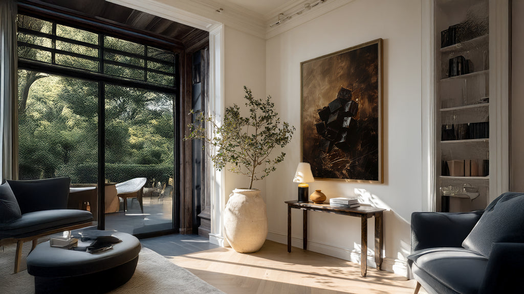 Modern living room with large windows, a painting, and decorative items.