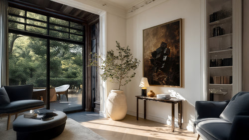 Modern living room with large windows, a painting, and decorative items.