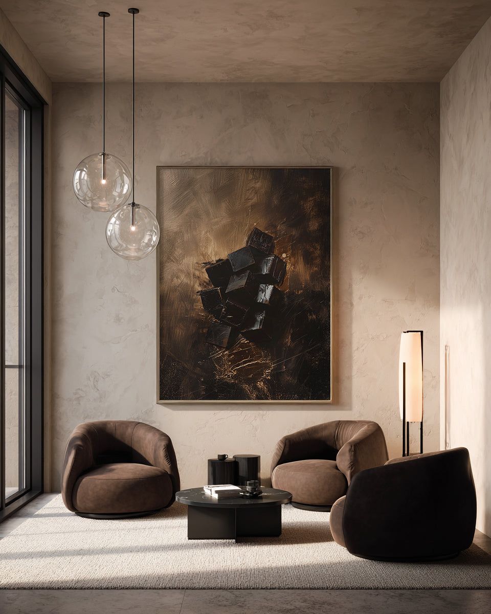 Modern living room with brown armchairs, a coffee table, and abstract art on the wall.
