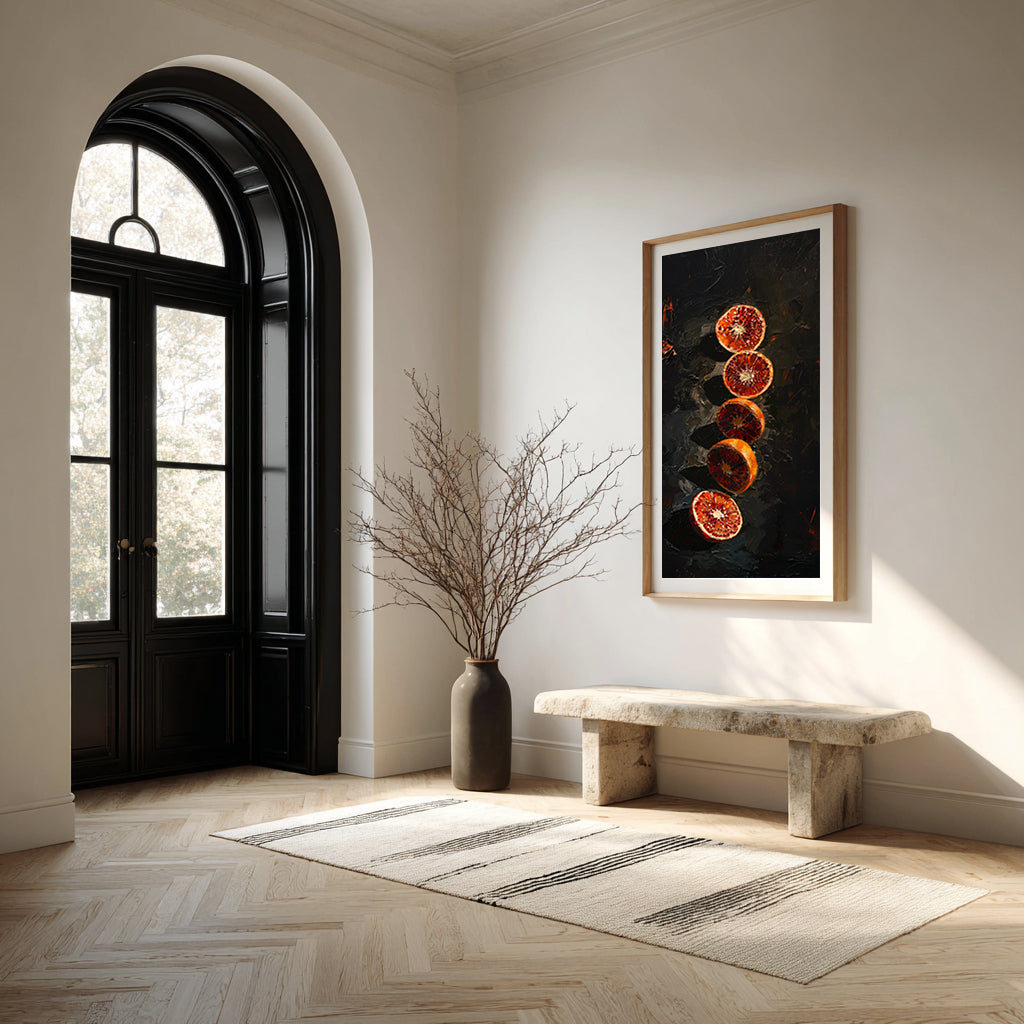 Modern interior with a black door, marble bench, and abstract artwork on the wall.