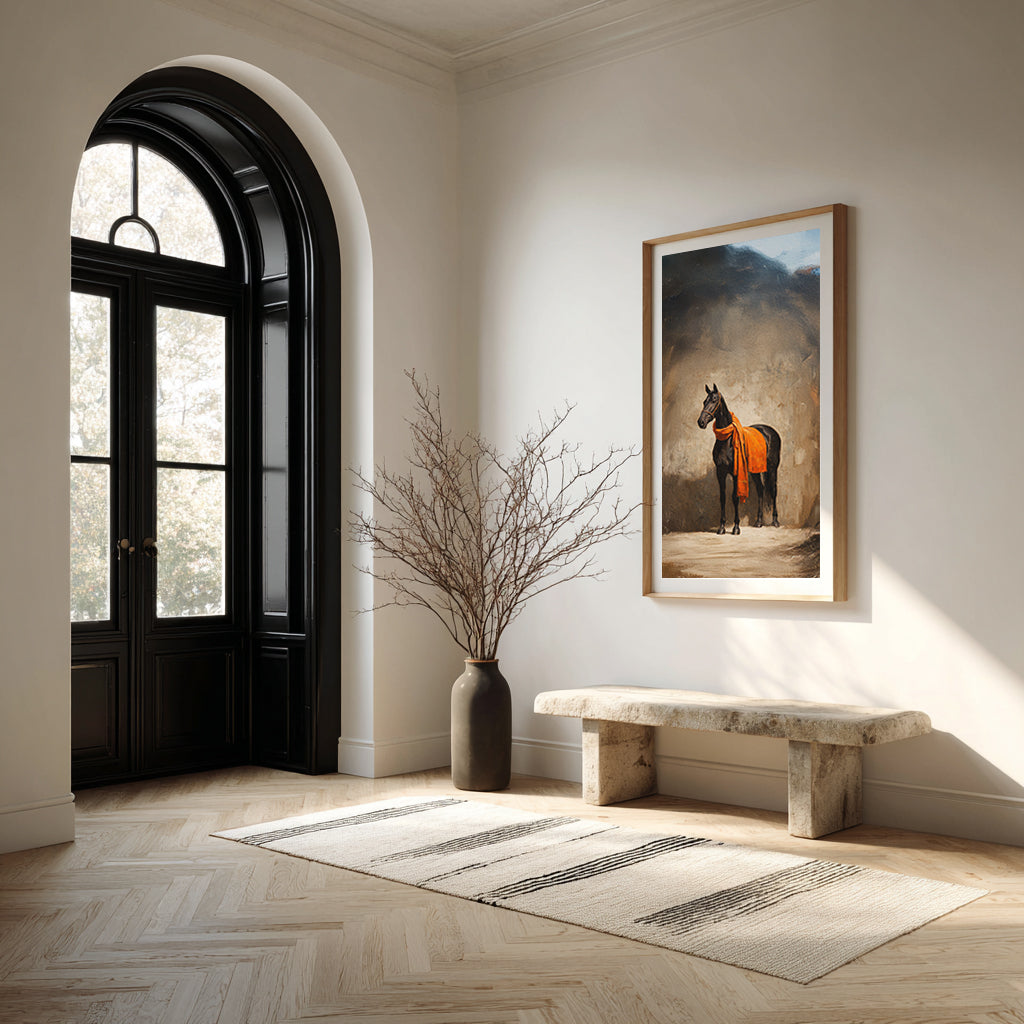 Interior room with a horse painting on the wall, bench, and vase with branches.