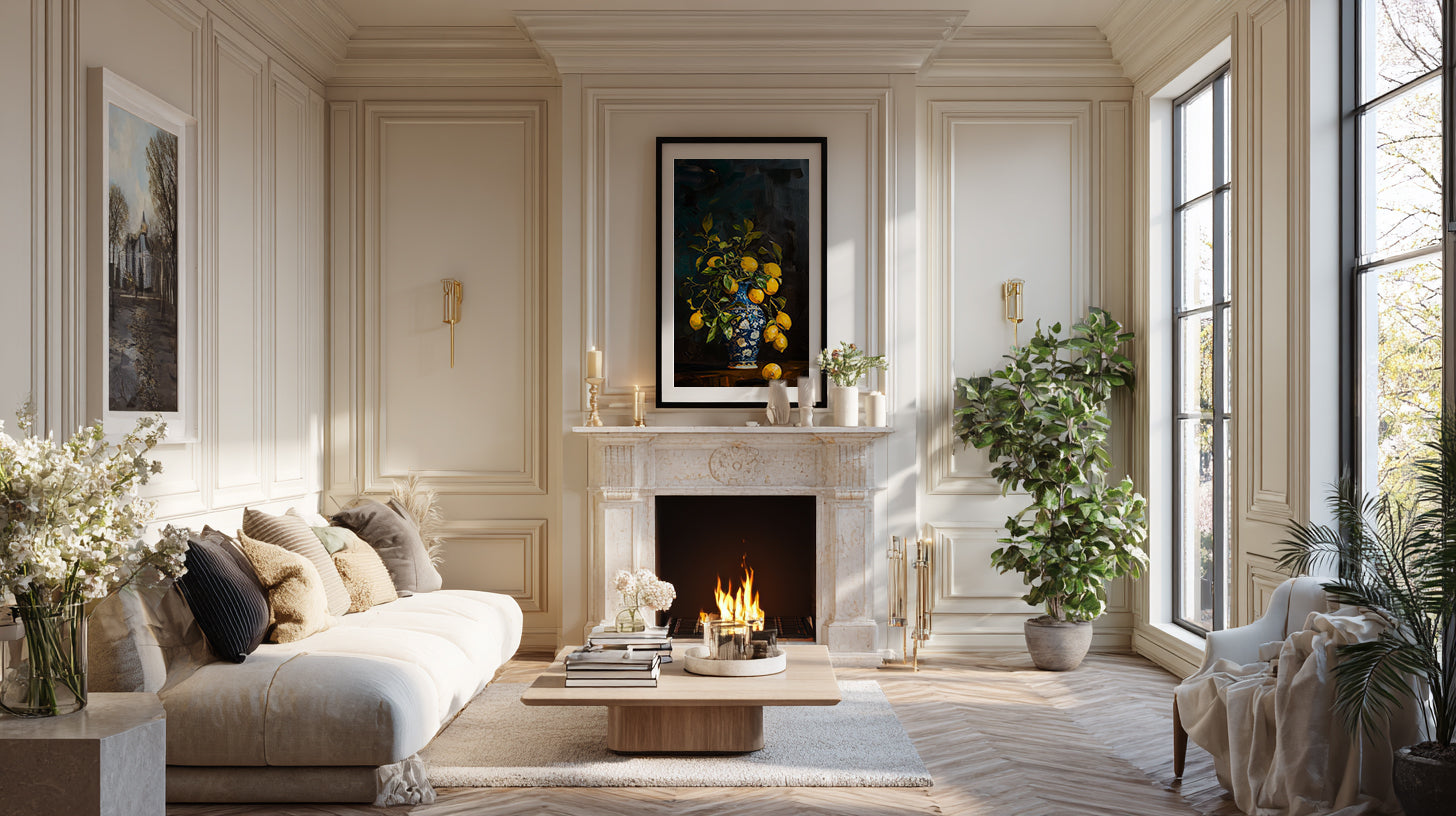 Luxurious living room with a fireplace, sofa, and decorative elements.
