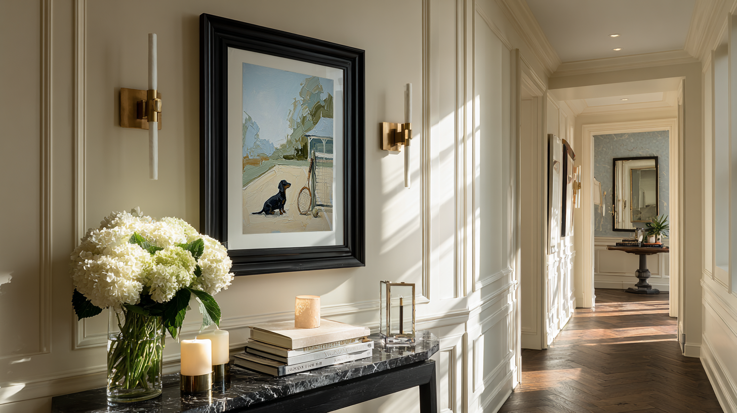 Elegant interior with a table displaying flowers, candles, and books, framed artwork on the wall.