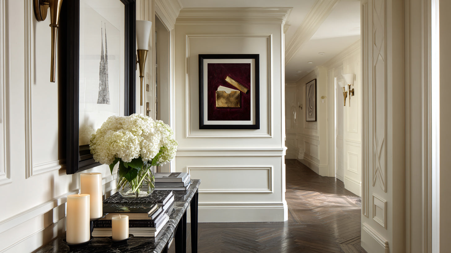 Elegant hallway with decorative elements including a mirror, candles, and artwork.