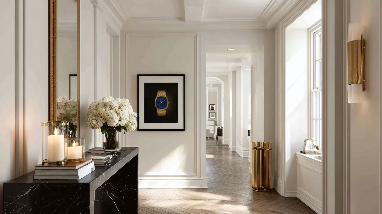 Luxurious interior hallway with a mirror, candles, and artwork.