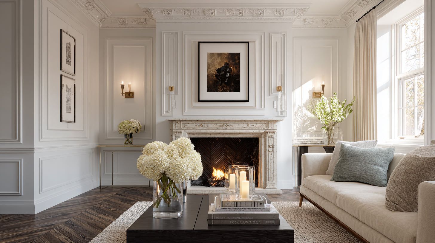 Living room with a fireplace, sofa, and decorative elements.