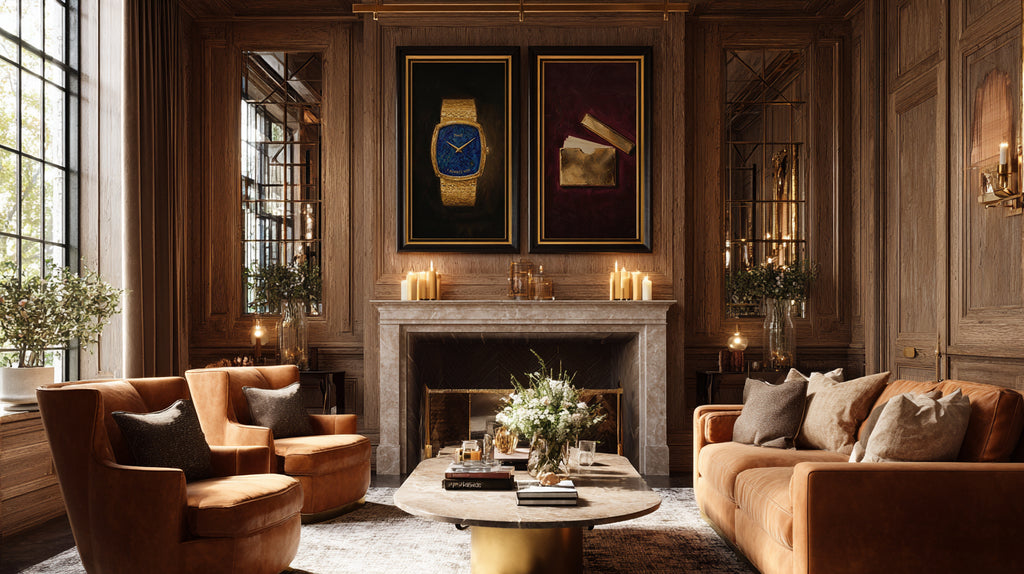 Luxurious living room with wooden walls, a fireplace, and elegant furniture.